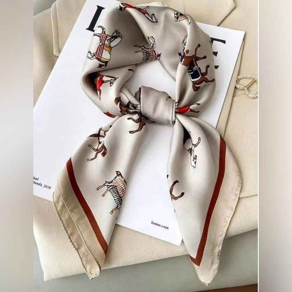 NEW! Equestrian Horse-Print Elegant Cream Brown Silky Scarf Twilly